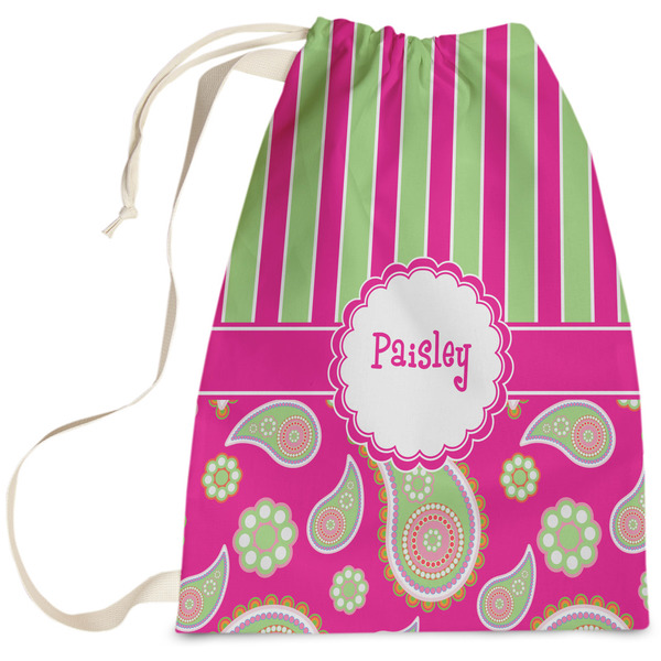 Custom Pink & Green Paisley and Stripes Laundry Bag - Large (Personalized)