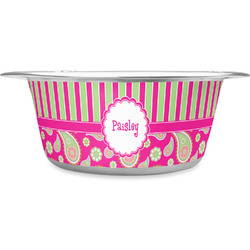Pink & Green Paisley and Stripes Stainless Steel Dog Bowl - Large (Personalized)
