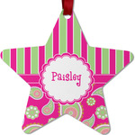 Pink & Green Paisley and Stripes Metal Star Ornament - Double Sided w/ Name or Text