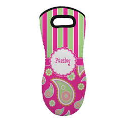 Pink & Green Paisley and Stripes Neoprene Oven Mitt - Single w/ Name or Text