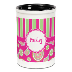 Pink & Green Paisley and Stripes Ceramic Pencil Holders - Black