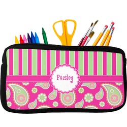 Pink & Green Paisley and Stripes Neoprene Pencil Case - Small w/ Name or Text
