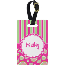 Pink & Green Paisley and Stripes Plastic Luggage Tag - Rectangular w/ Name or Text