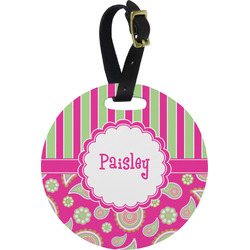 Pink & Green Paisley and Stripes Plastic Luggage Tag - Round (Personalized)