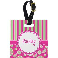 Pink & Green Paisley and Stripes Plastic Luggage Tag - Square w/ Name or Text