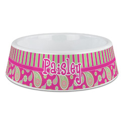 Pink & Green Paisley and Stripes Plastic Dog Bowl - Large (Personalized)