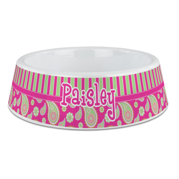 Custom Pink & Green Paisley and Stripes Plastic Dog Bowl - Large (Personalized)