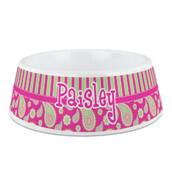 Pink & Green Paisley and Stripes Plastic Dog Bowl - Medium (Personalized)