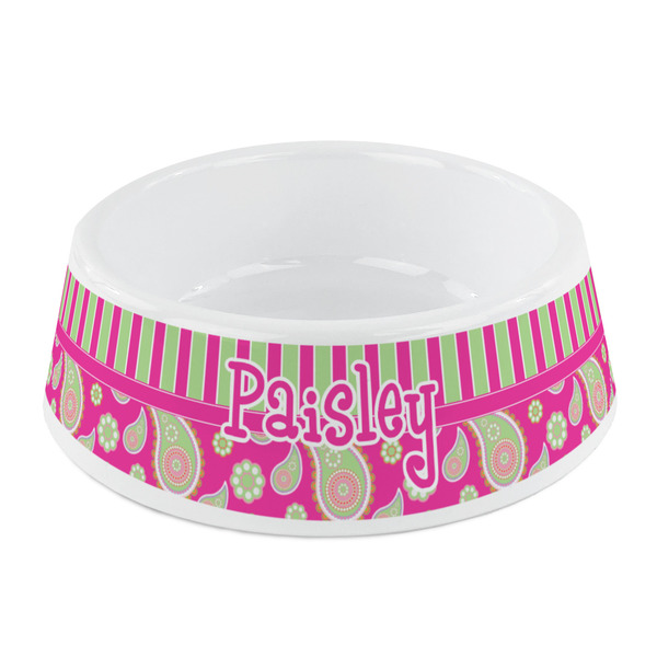 Custom Pink & Green Paisley and Stripes Plastic Dog Bowl - Small (Personalized)