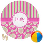 Pink & Green Paisley and Stripes Round Beach Towel (Personalized)