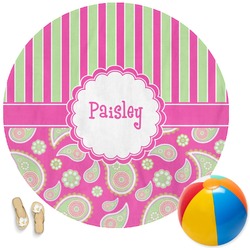 Pink & Green Paisley and Stripes Round Beach Towel (Personalized)