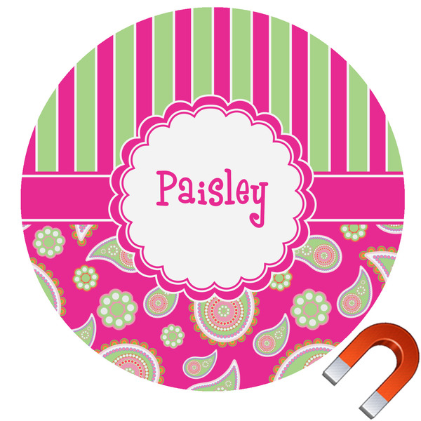 Custom Pink & Green Paisley and Stripes Round Car Magnet - 6" (Personalized)