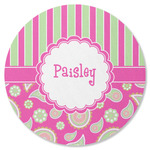 Pink & Green Paisley and Stripes Round Rubber Backed Coaster (Personalized)