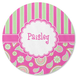 Pink & Green Paisley and Stripes Round Rubber Backed Coaster (Personalized)