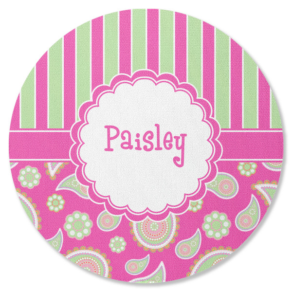 Custom Pink & Green Paisley and Stripes Round Rubber Backed Coaster (Personalized)