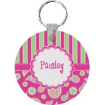 Pink & Green Paisley and Stripes Round Plastic Keychain (Personalized)