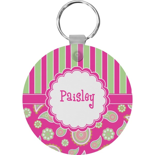 Custom Pink & Green Paisley and Stripes Round Plastic Keychain (Personalized)