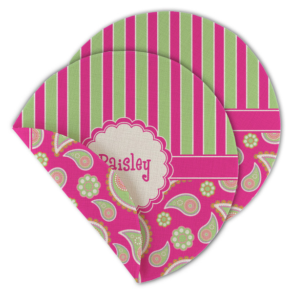 Custom Pink & Green Paisley and Stripes Round Linen Placemat - Double Sided - Set of 4 (Personalized)