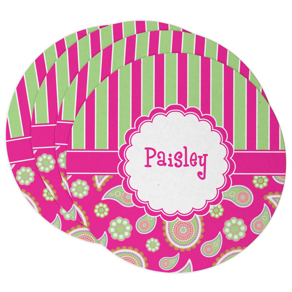 Custom Pink & Green Paisley and Stripes Round Paper Coasters w/ Name or Text