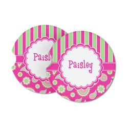 Pink & Green Paisley and Stripes Sandstone Car Coasters - Set of 2 (Personalized)