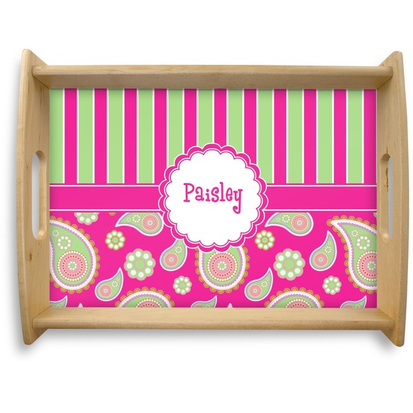 Custom Pink & Green Paisley and Stripes Natural Wooden Tray - Large (Personalized)