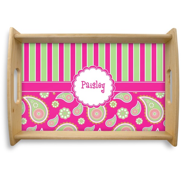 Custom Pink & Green Paisley and Stripes Natural Wooden Tray - Small (Personalized)