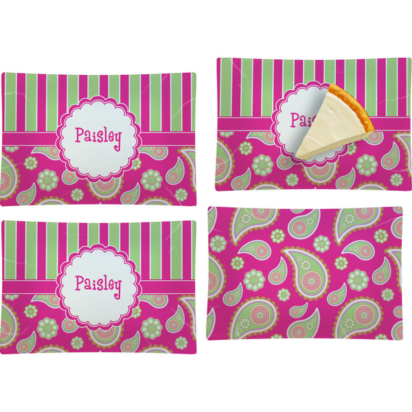 Custom Pink & Green Paisley and Stripes Set of 4 Glass Rectangular Appetizer / Dessert Plate (Personalized)