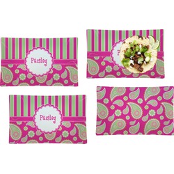 Pink & Green Paisley and Stripes Set of 4 Glass Rectangular Lunch / Dinner Plate (Personalized)