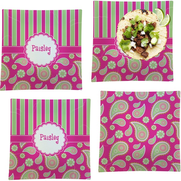 Custom Pink & Green Paisley and Stripes Set of 4 Glass Square Lunch / Dinner Plate 9.5" (Personalized)