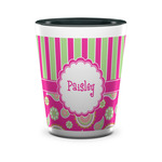 Pink & Green Paisley and Stripes Ceramic Shot Glass - 1.5 oz - Two Tone - Set of 4 (Personalized)