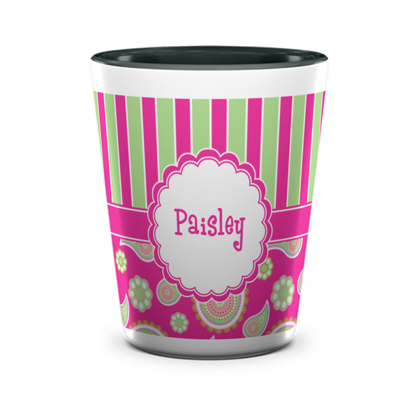 Custom Pink & Green Paisley and Stripes Ceramic Shot Glass - 1.5 oz - Two Tone - Set of 4 (Personalized)