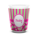 Pink & Green Paisley and Stripes Ceramic Shot Glass - 1.5 oz - White - Single (Personalized)