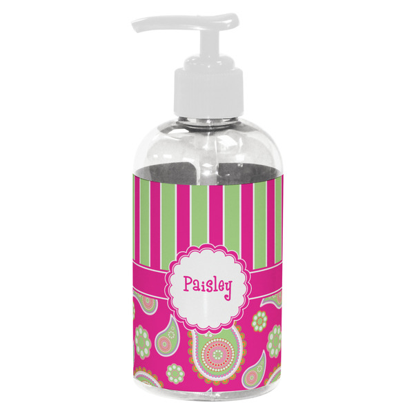 Custom Pink & Green Paisley and Stripes Plastic Soap / Lotion Dispenser (8 oz - Small - White) (Personalized)