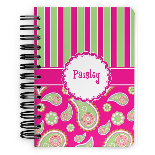 Custom Pink & Green Paisley and Stripes Spiral Notebook - 5x7 w/ Name or Text