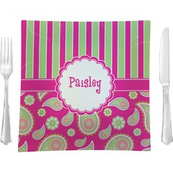Pink & Green Paisley and Stripes Glass Square Lunch / Dinner Plate 9.5" (Personalized)