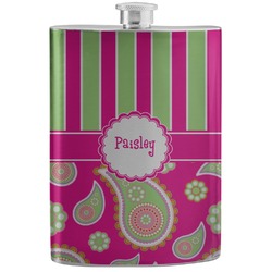 Pink & Green Paisley and Stripes Stainless Steel Flask (Personalized)