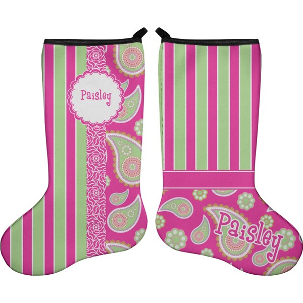 Custom Pink & Green Paisley and Stripes Holiday Stocking - Double-Sided - Neoprene (Personalized)