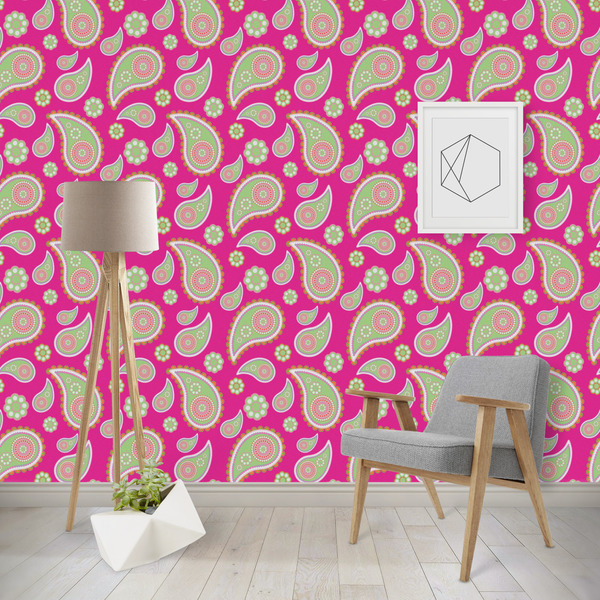 Custom Pink & Green Paisley and Stripes Wallpaper & Surface Covering (Peel & Stick - Repositionable)