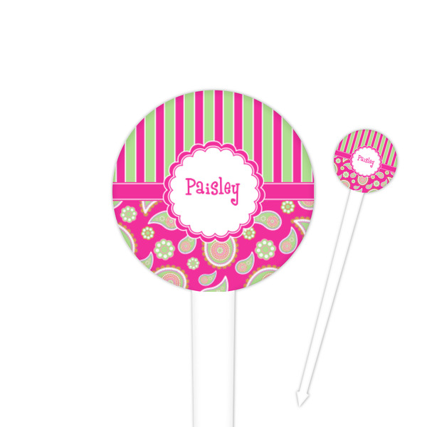 Custom Pink & Green Paisley and Stripes 4" Round Plastic Food Picks - White - Single Sided (Personalized)