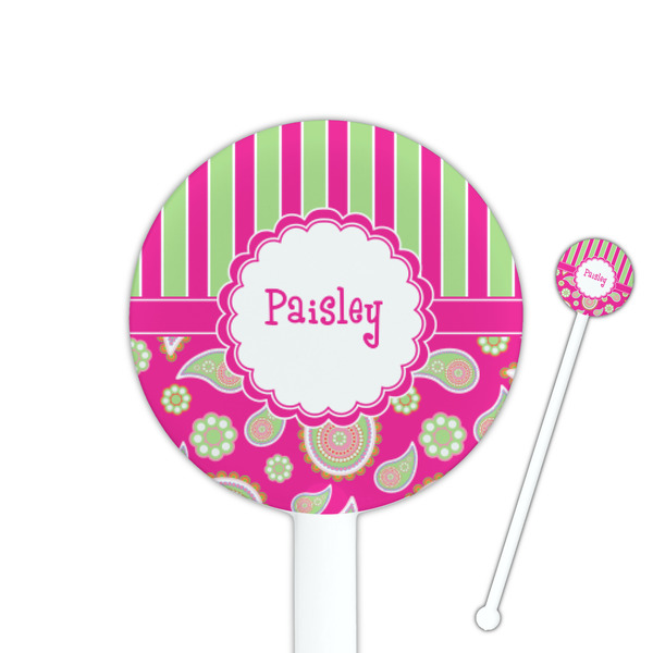 Custom Pink & Green Paisley and Stripes 5.5" Round Plastic Stir Sticks - White - Double Sided (Personalized)