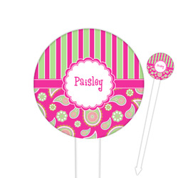 Pink & Green Paisley and Stripes 6" Round Plastic Food Picks - White - Single Sided (Personalized)