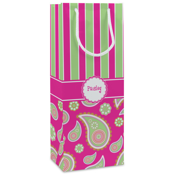 Custom Pink & Green Paisley and Stripes Wine Gift Bags - Matte (Personalized)