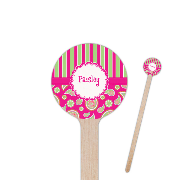 Custom Pink & Green Paisley and Stripes 7.5" Round Wooden Stir Sticks - Double Sided (Personalized)