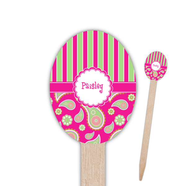 Custom Pink & Green Paisley and Stripes Oval Wooden Food Picks - Double Sided (Personalized)