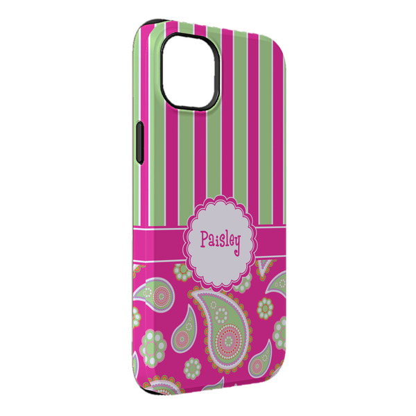 Custom Pink & Green Paisley and Stripes iPhone Case - Rubber Lined - iPhone 14 Plus (Personalized)