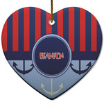 Classic Anchor & Stripes Heart Ceramic Ornament w/ Name or Text