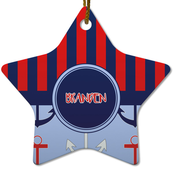 Custom Classic Anchor & Stripes Star Ceramic Ornament w/ Name or Text