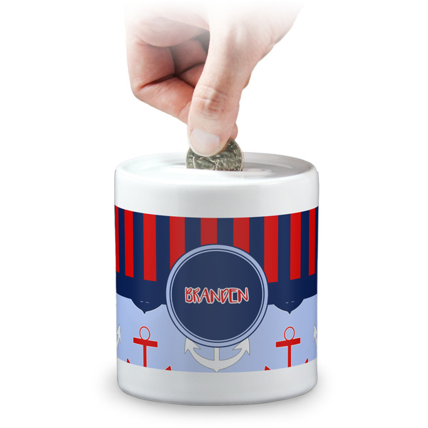 Custom Classic Anchor & Stripes Coin Bank (Personalized)