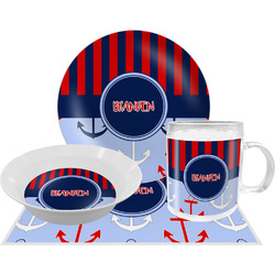 Classic Anchor & Stripes Dinner Set - Single 4 Pc Setting w/ Name or Text