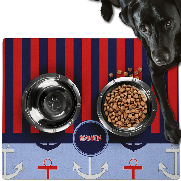 Custom Classic Anchor & Stripes Dog Food Mat - Large w/ Name or Text